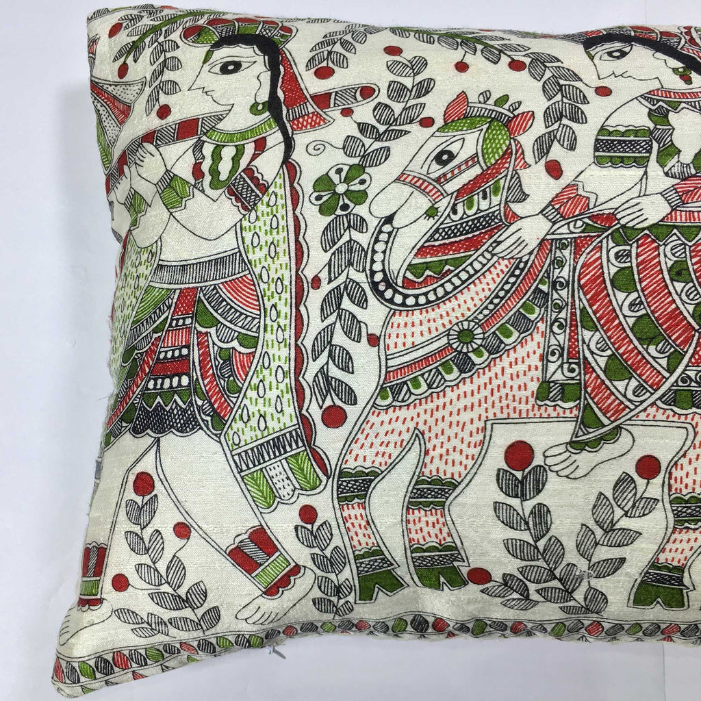 Hand Painted Madhubani Art Ahimsa Silk Lumbar Cushion Cover