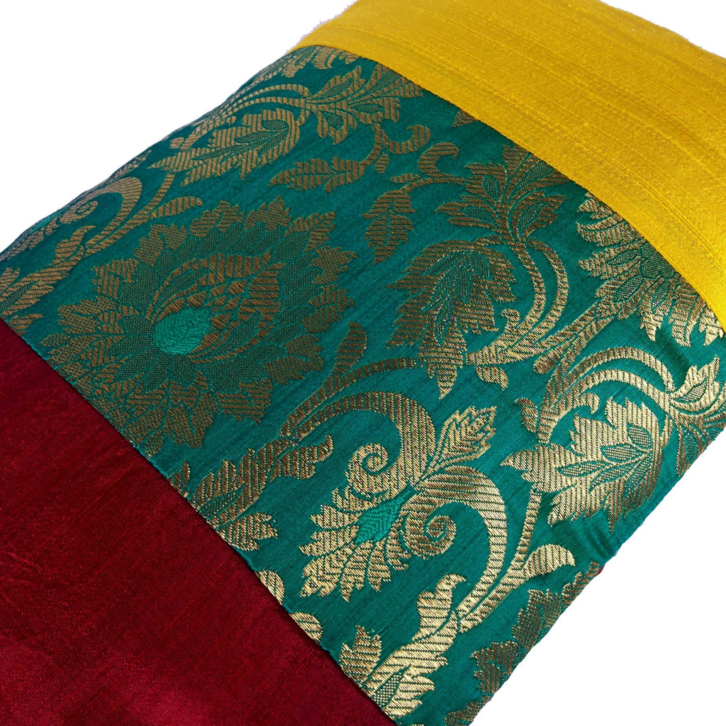 Maroon Teal and Yellow Raw Silk Pillow Cover 