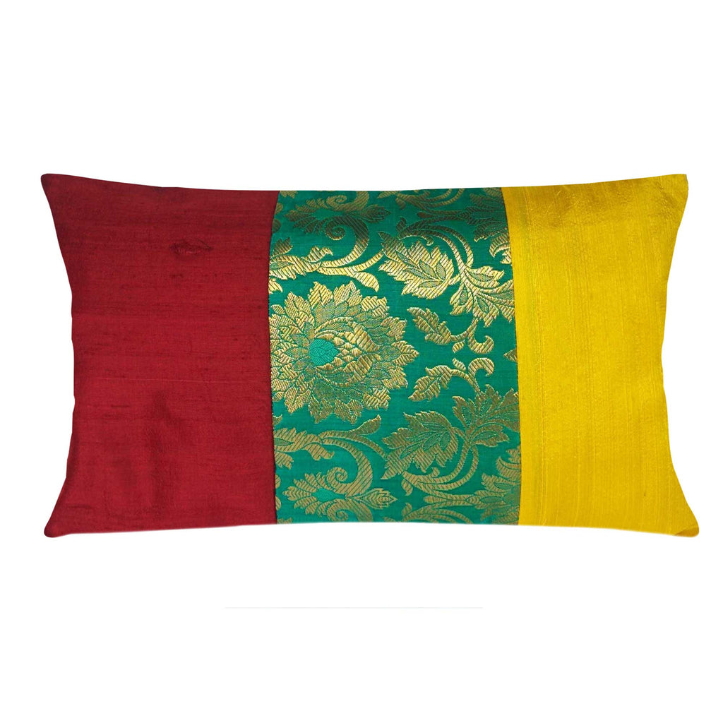 Maroon Teal and Yellow Raw Silk Pillow Cover Buy Online From DesiCrafts 