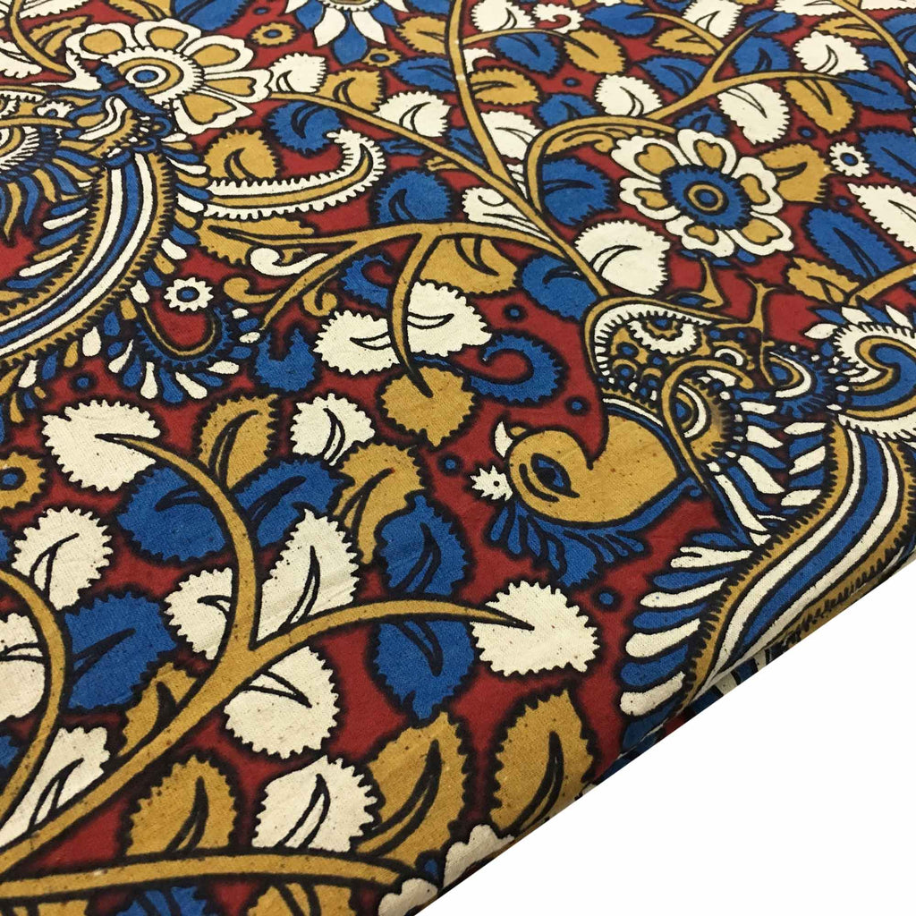 Rust and Mustard Peacock Kalamkari Fabric