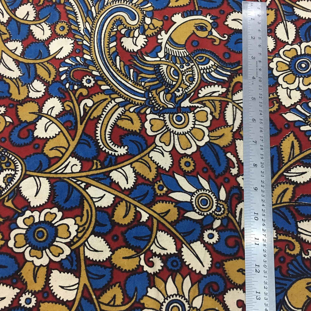 Rust and Mustard Peacock Kalamkari Fabric