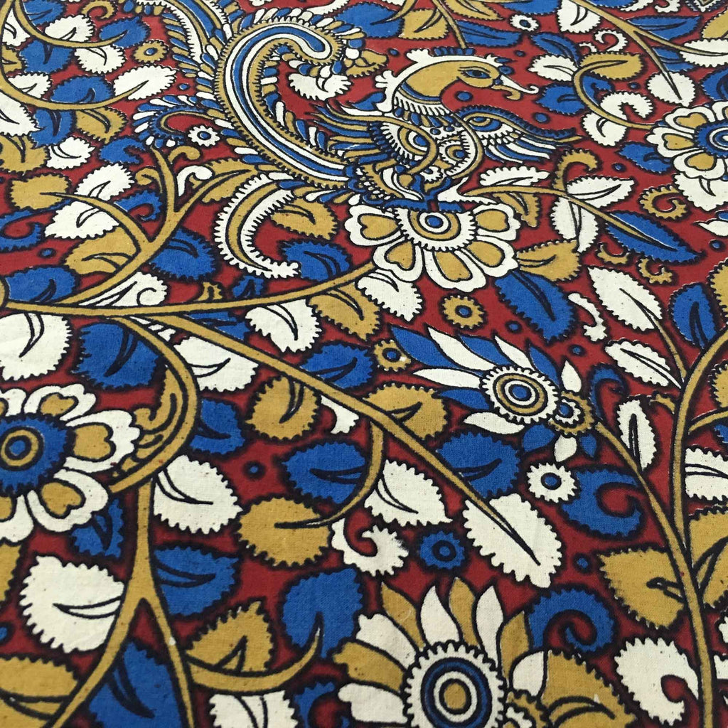 Rust and Mustard Peacock Kalamkari Fabric