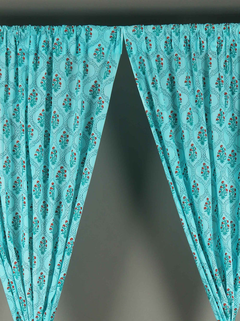 Teal and Red printed cotton curtains