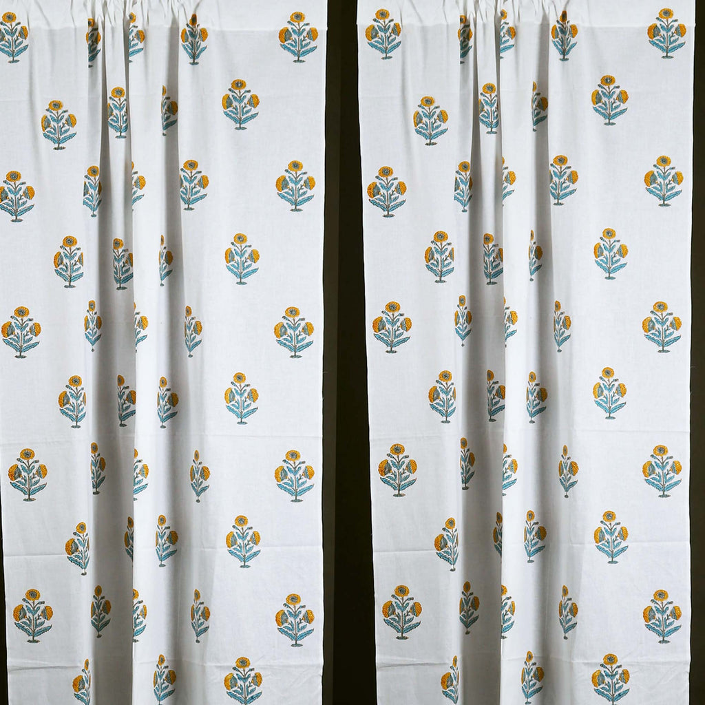 Mustard and Teal Cotton Curtain Set