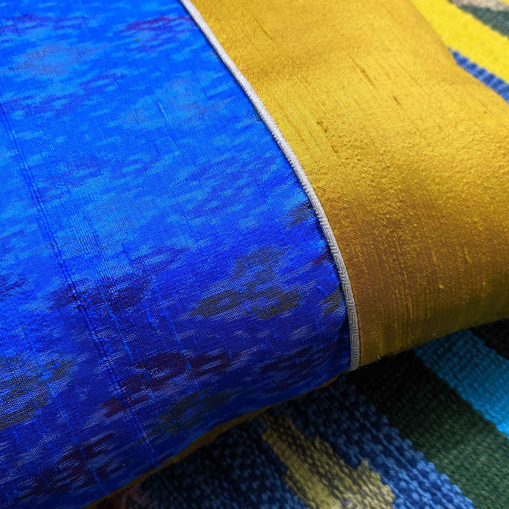 Mustard and Blue Raw Silk Pillow Cover
