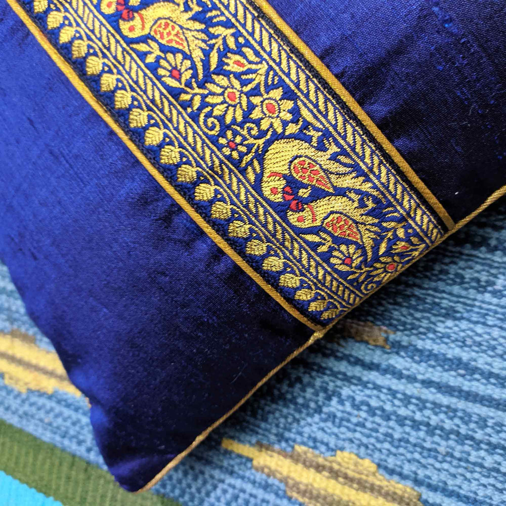 Navy and Gold Embellished Border Raw Silk Pillow Cover