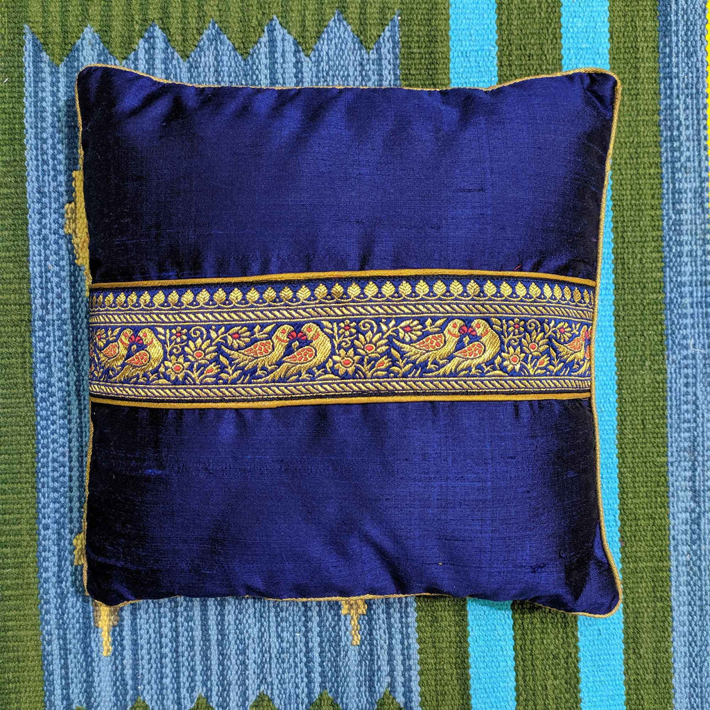 Navy and Gold Embellished Border Raw Silk Pillow Cover