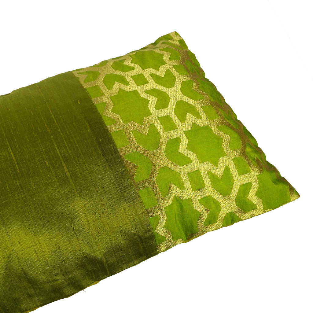 Olive and Gold Damask Raw Silk Lumber Pillow Cover 