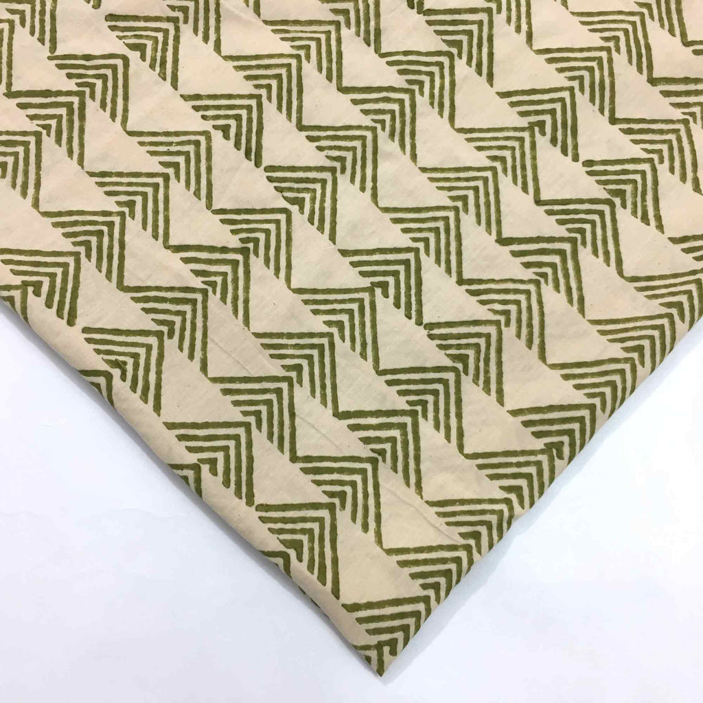 Olive and Beige Hand Block Printed Cotton Fabric
