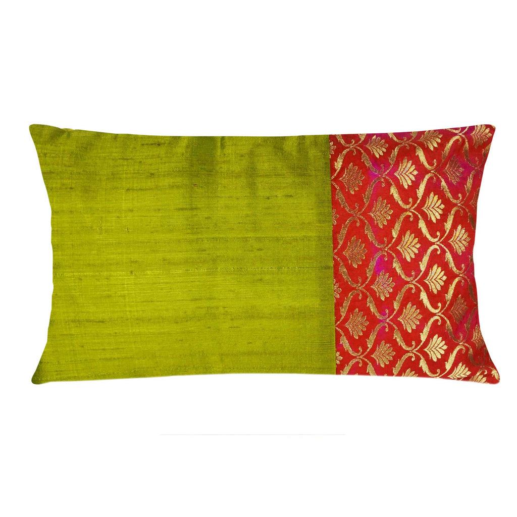 Olive and Orange Floral Raw Silk Lumber Pillow Cover Buy Online From DesiCrafts