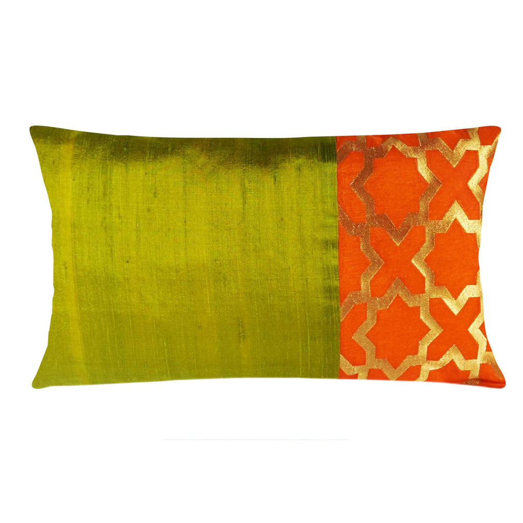 Olive and Orange Damask Raw Silk Lumber Pillow Cover Buy Online From DesiCrafts
