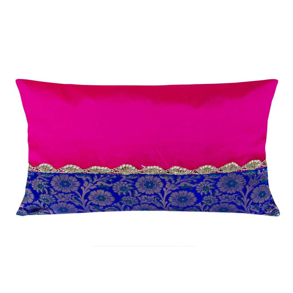 Hot Pink and Blue Soft Silk Decorative Silk Lumbar Pillow Cover
