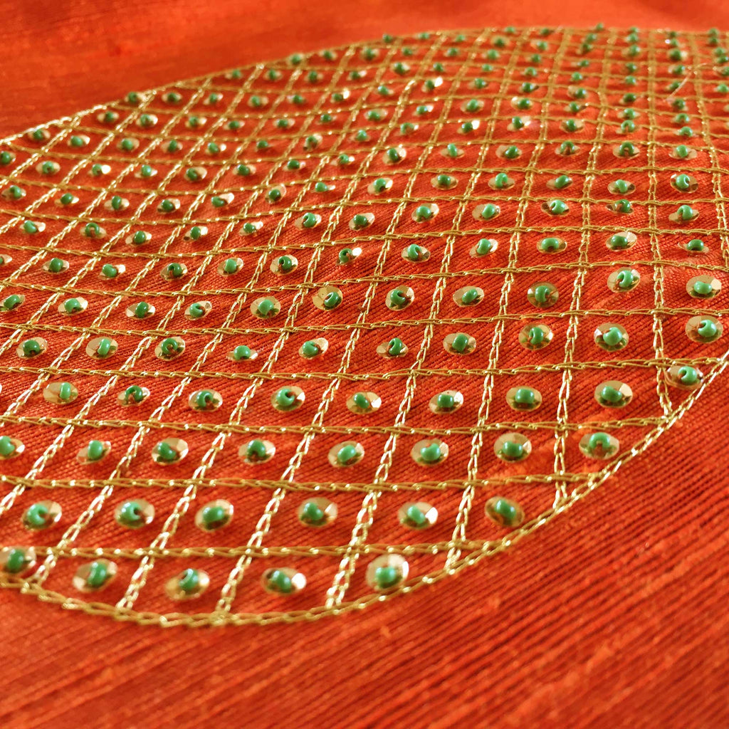 Orange and Green Embroidered Silk Cushion Cover