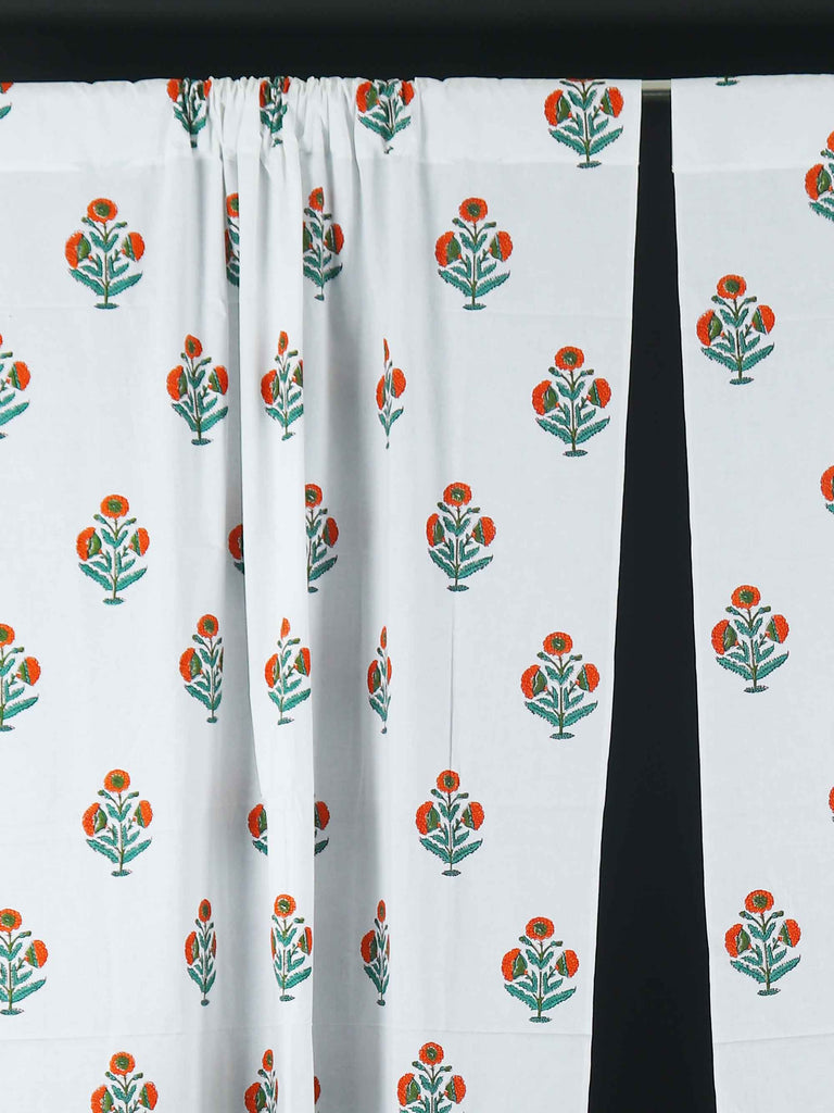 Orange and Green Poppy Print Cotton Curtain Set Of Two