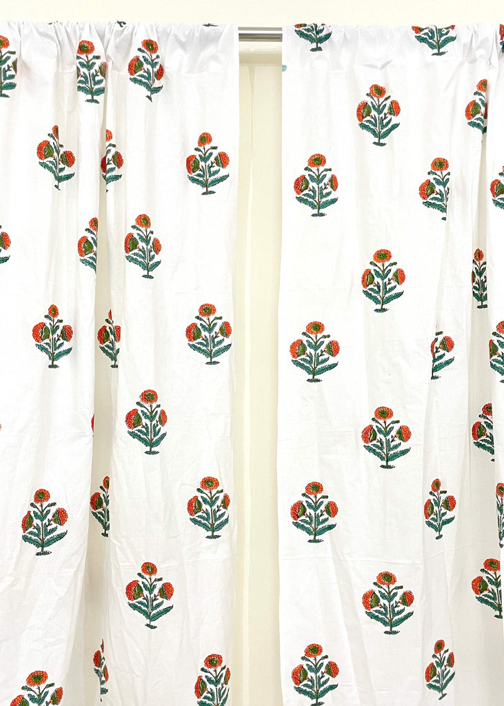 Orange and Green Poppy Print Cotton Curtain Set Of Two