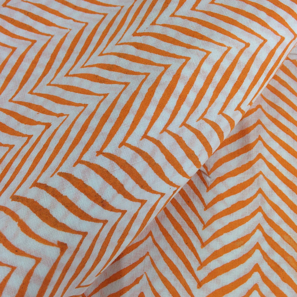 Orange and White Chevron Print Soft Cambric Cotton Fabric Buy By Meter
