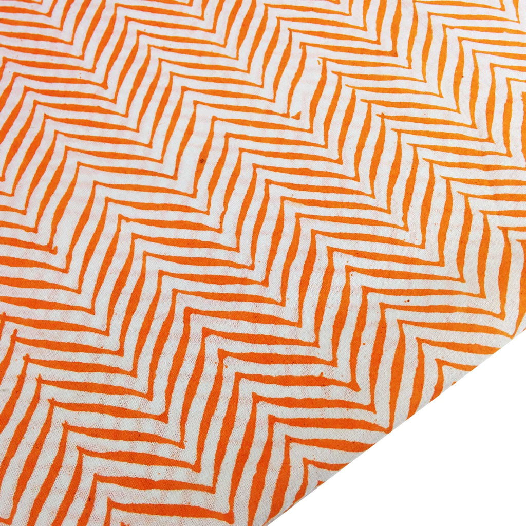 Handblock Printed Orange and White Chevron Print Soft Cambric Cotton Fabric