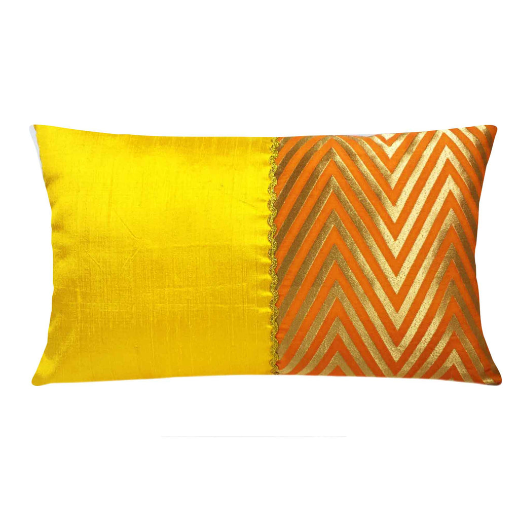 Orange Yellow Gold Banrasi Silk Pillow Cover By DesiCrafts