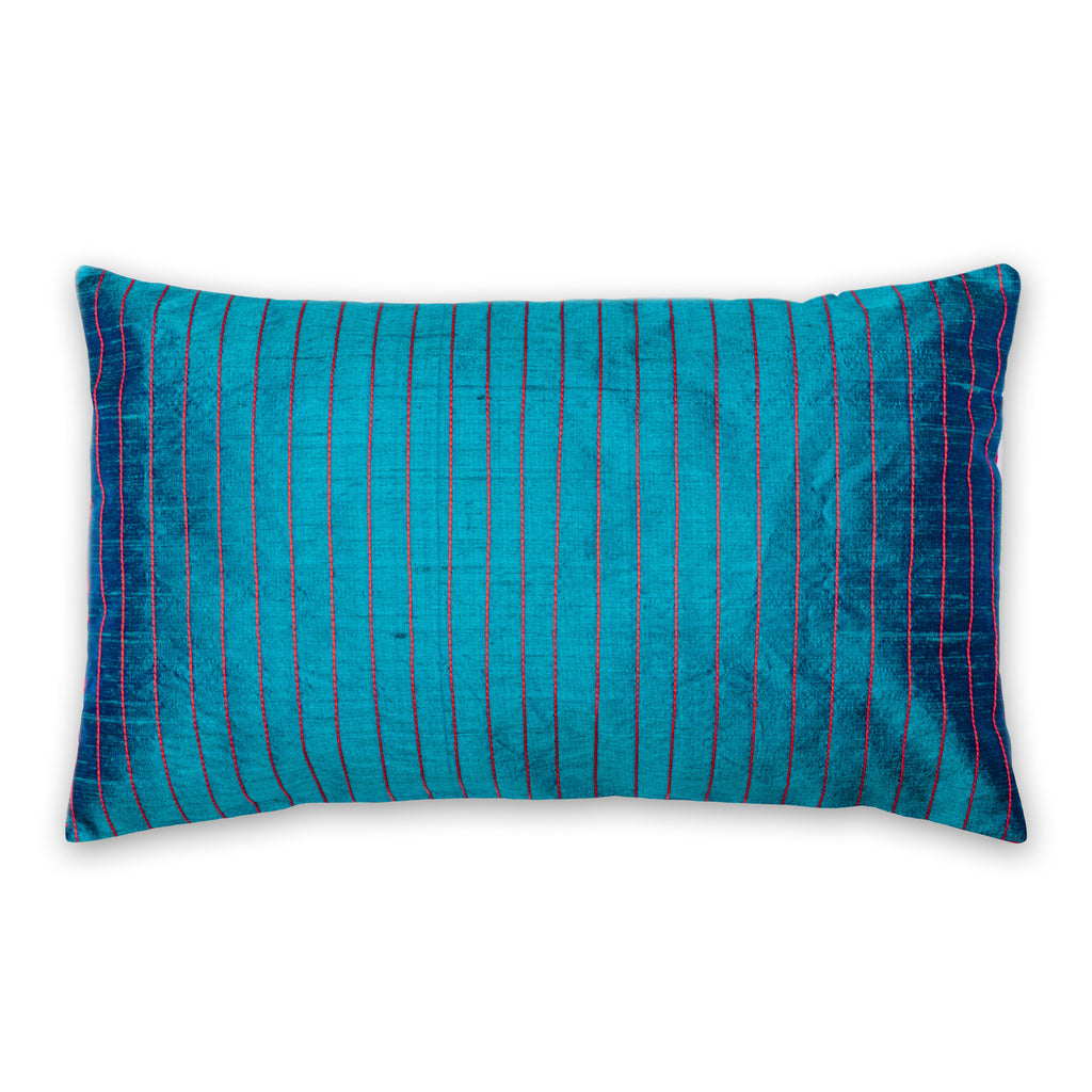 Teal and Red Raw Silk Kantha Pillow Cover