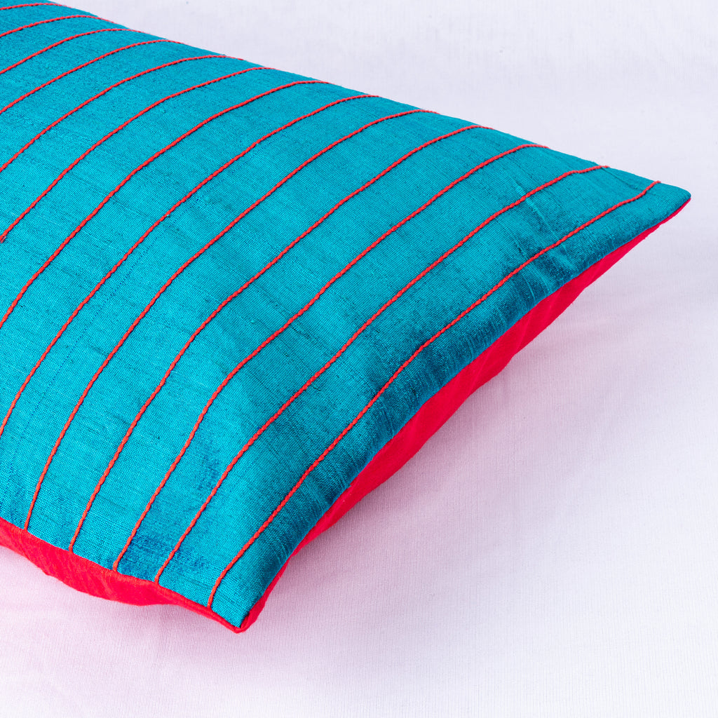 Teal and Red Raw Silk Kantha Pillow Cover