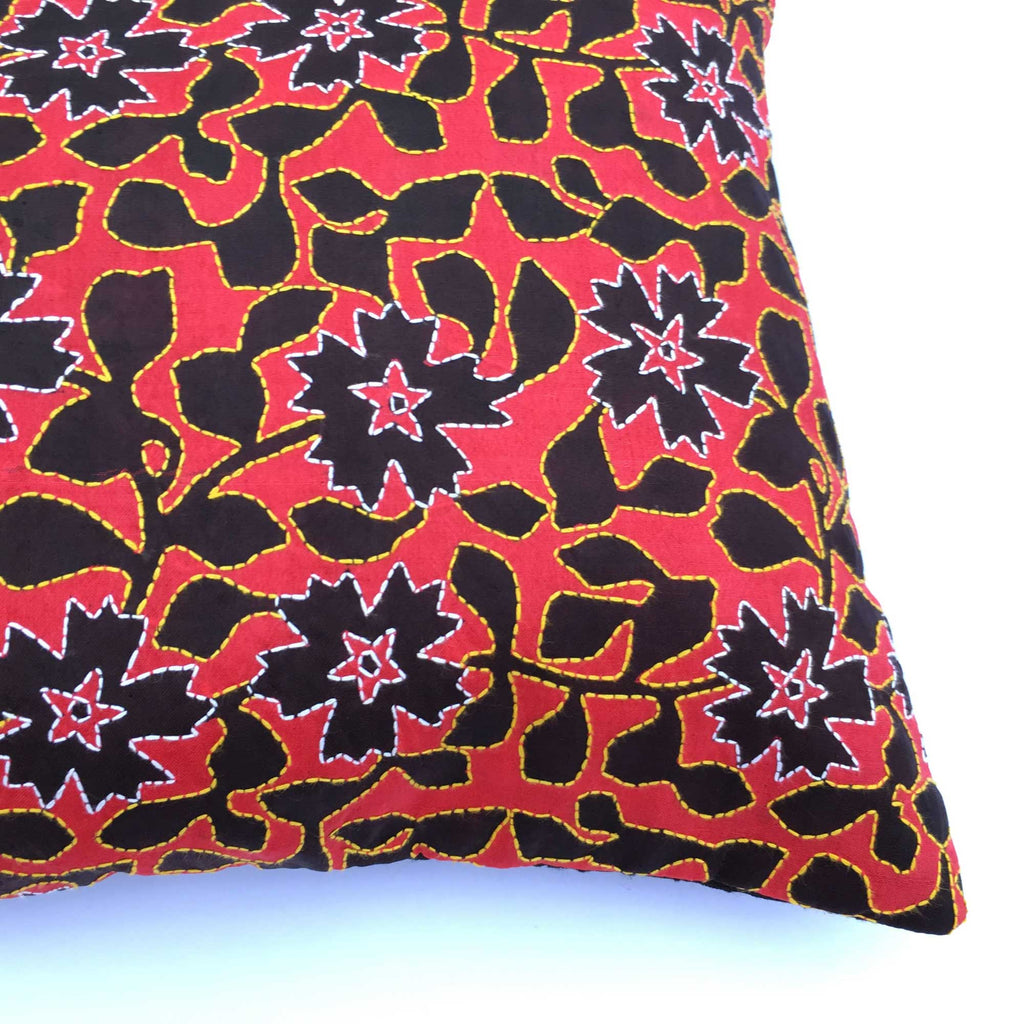 Red and black kantha embroidered throw pillow buy online from India