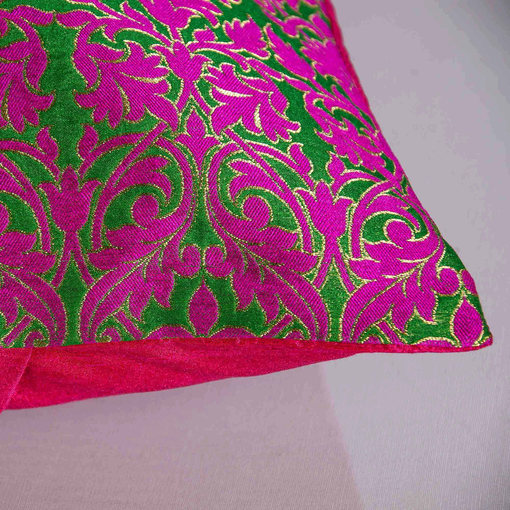 Magenta Green Gold Brocade Silk Pillow Cover