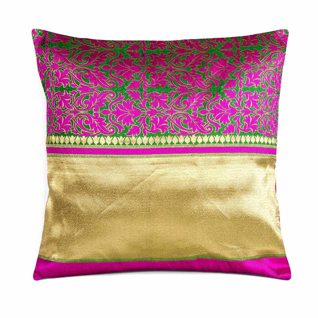 Magenta Green Gold Brocade Silk Pillow Cover