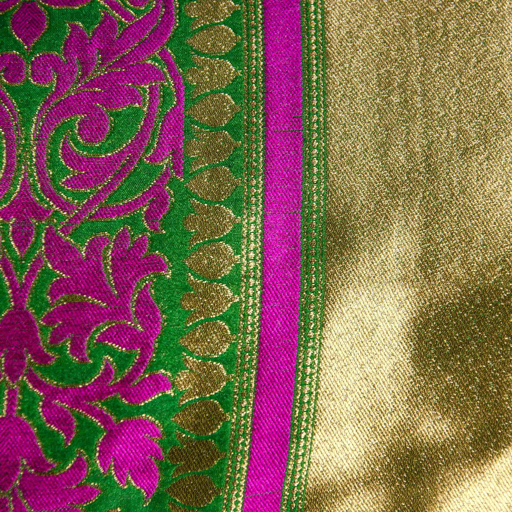 Magenta Green Gold Brocade Silk Pillow Cover