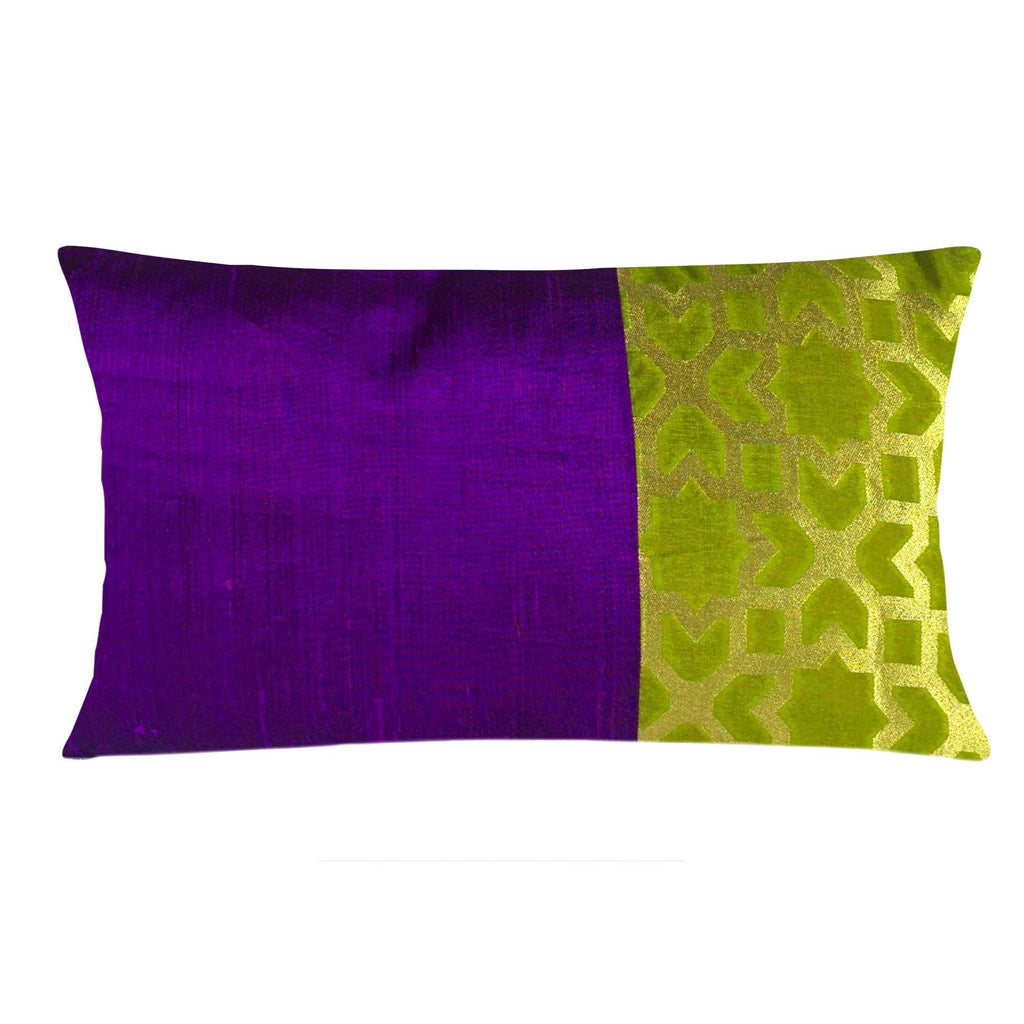 Purple and Olive Damask Raw Silk Lumber Pillow Cover Buy Online From DesiCrafts