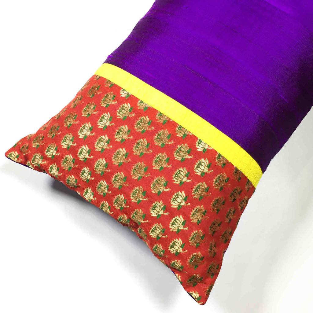 Fair trade Red Purple and Gold Floral Silk Pillow Cover