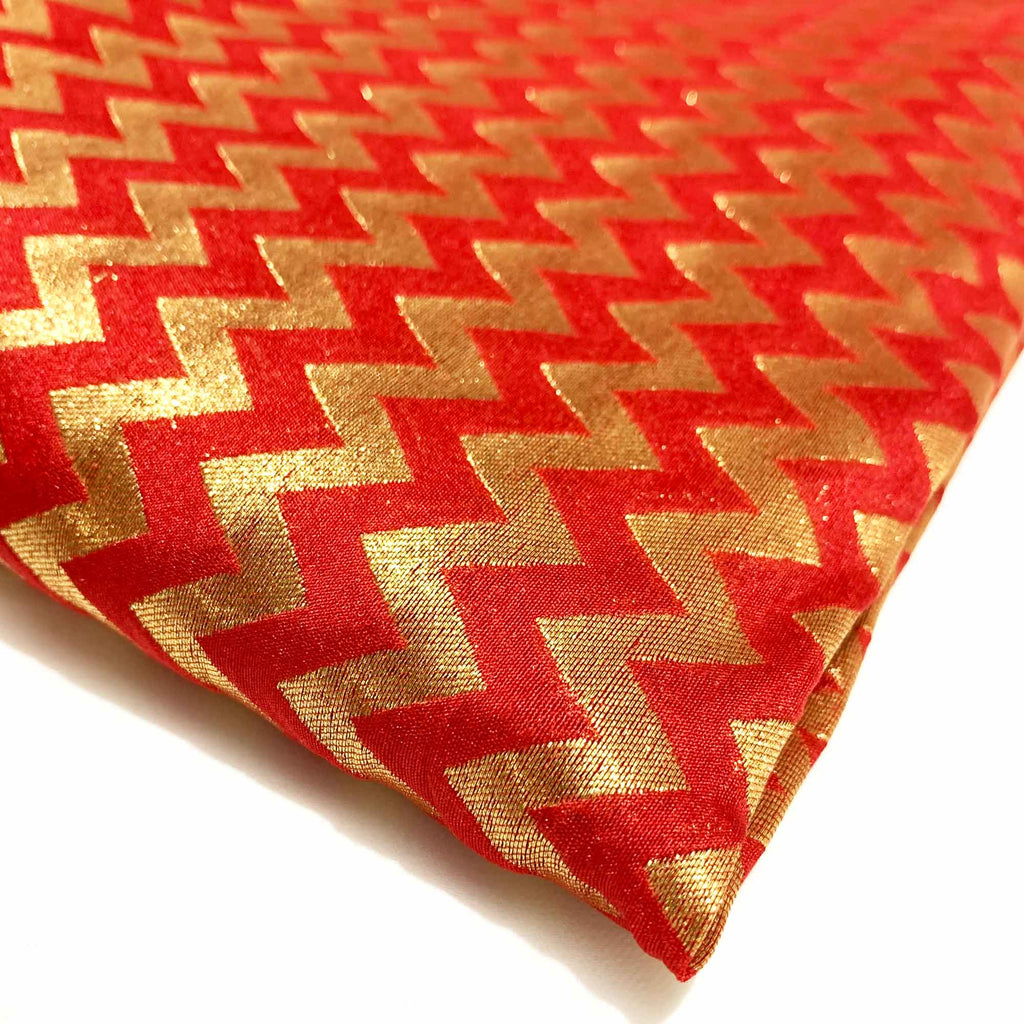 Red Gold Chevron Banaras Silk Fabric