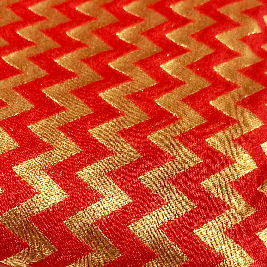 Red Gold Chevron Banaras Silk Fabric