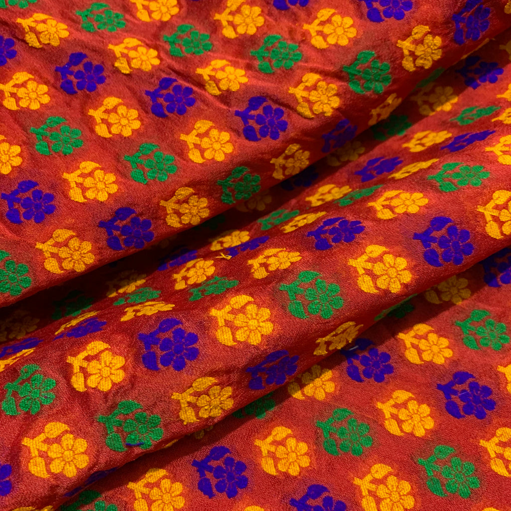 Red Multicolor Floral Jacquard Silk Fabric