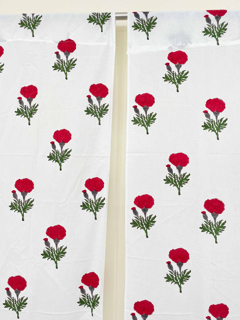 Red and White Marigold Hand Block Printed Curtain Panels