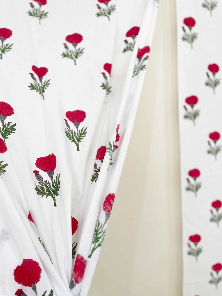 Red and White Marigold Hand Block Printed Curtain Panels