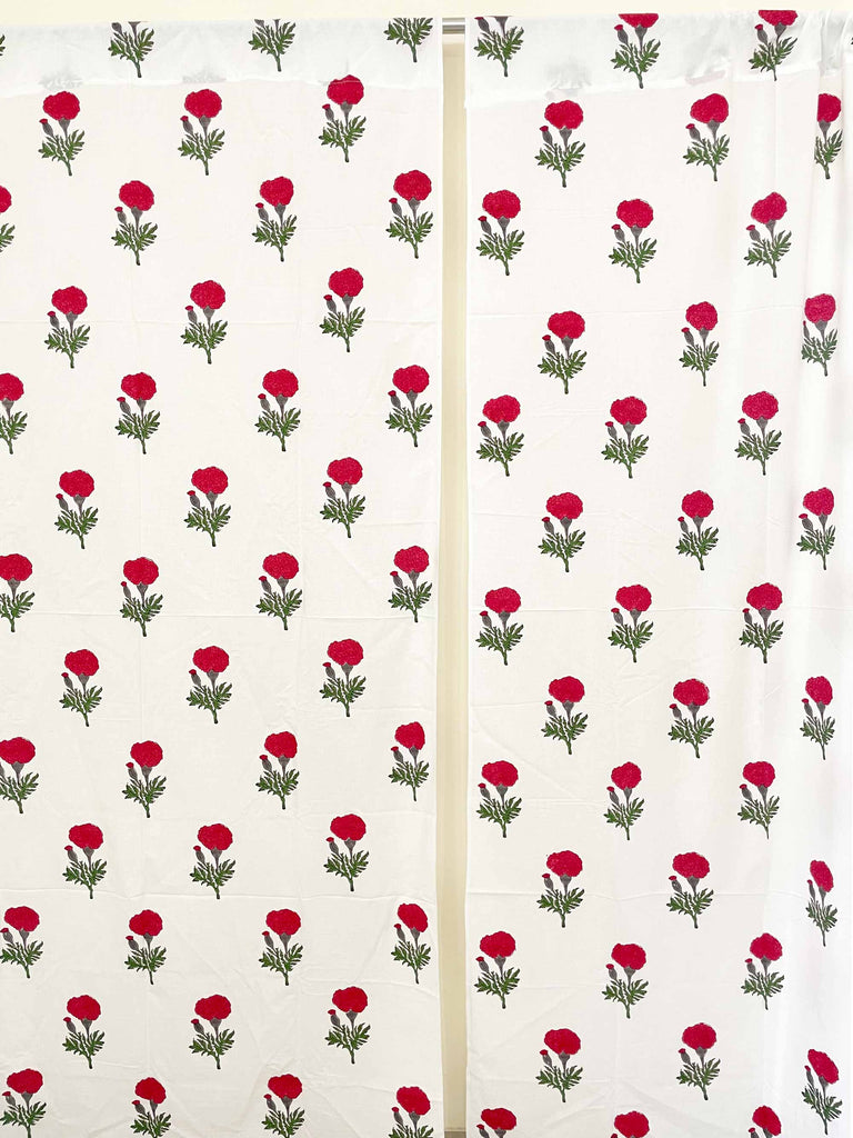 Red and White Marigold Hand Block Printed Curtain Panels