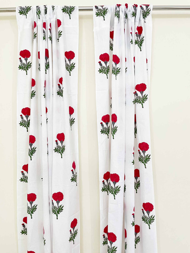 Red and White Marigold Hand Block Printed Curtain Panels