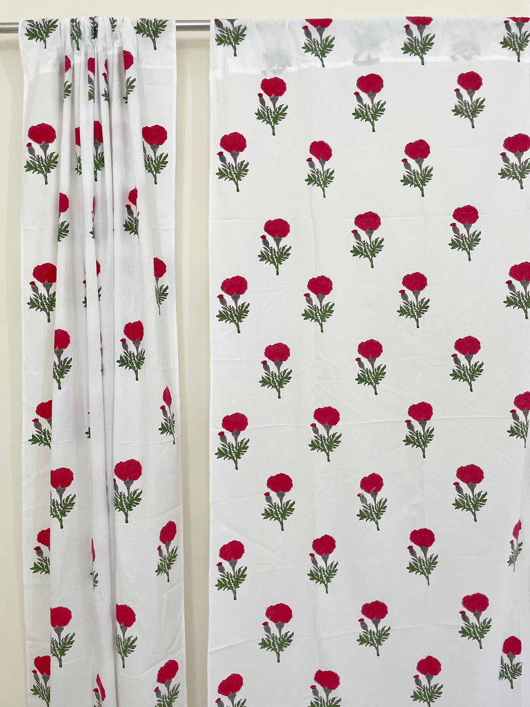 Red and White Marigold Hand Block Printed Curtain Panels