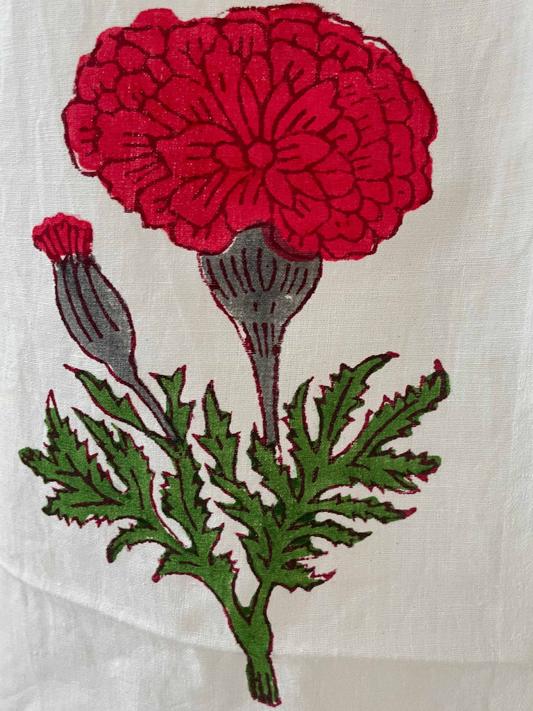 Red and White Marigold Hand Block Printed Curtain Panels