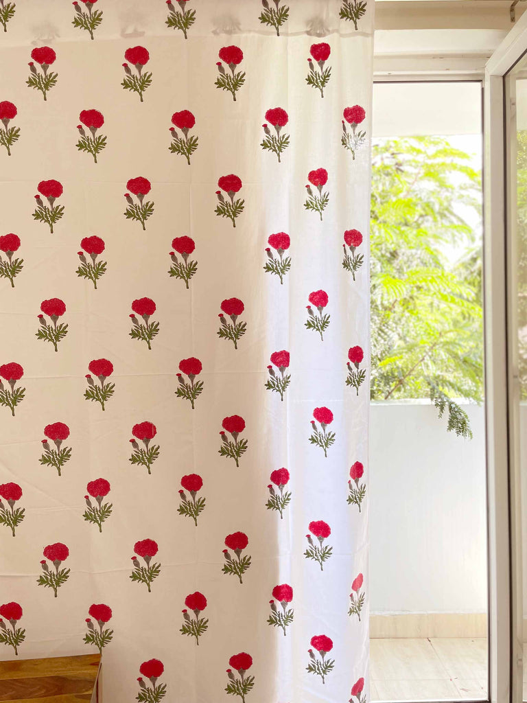 Red and White Marigold Hand Block Printed Curtain Panels