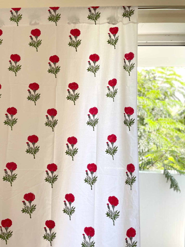 Red and White Marigold Hand Block Printed Curtain Panels