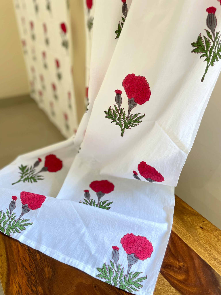Red and White Marigold Hand Block Printed Curtain Panels