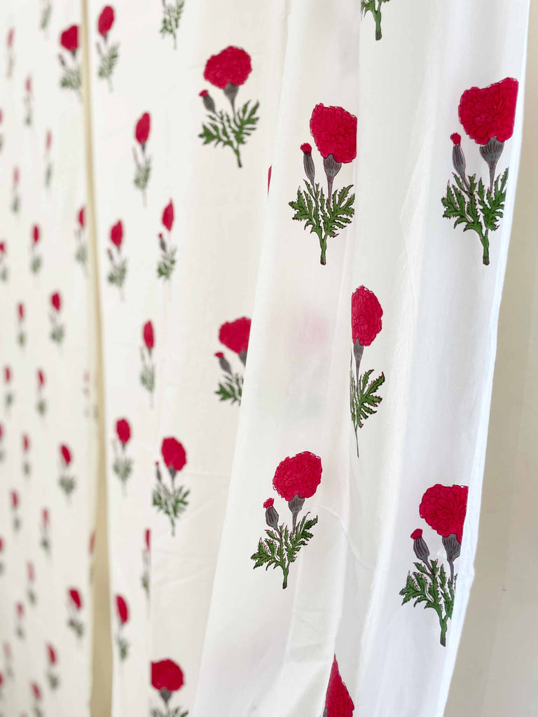 Red and White Marigold Hand Block Printed Curtain Panels