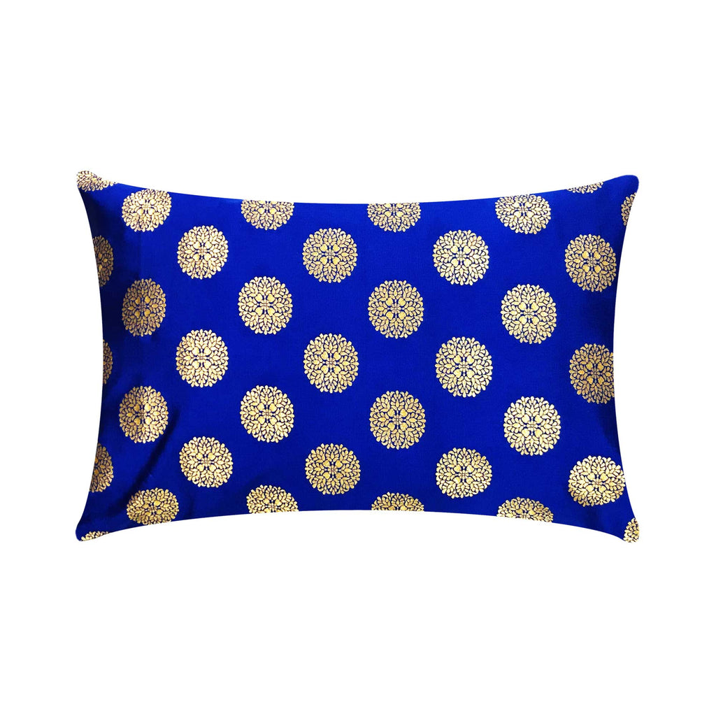 Blue and Gold Banarasi Silk Lumbar Pillow Cover
