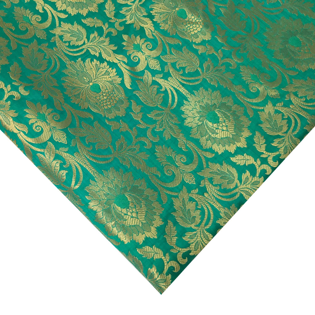 Sea Green and Gold Pakijah Banaras Silk Fabric