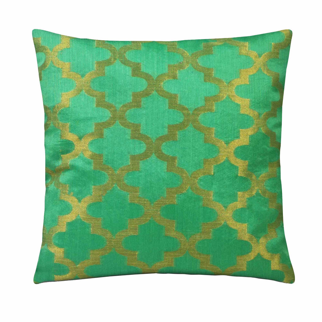 Teal and Gold Chanderi Silk Pillow Cover Buy Online from DesiCrafts