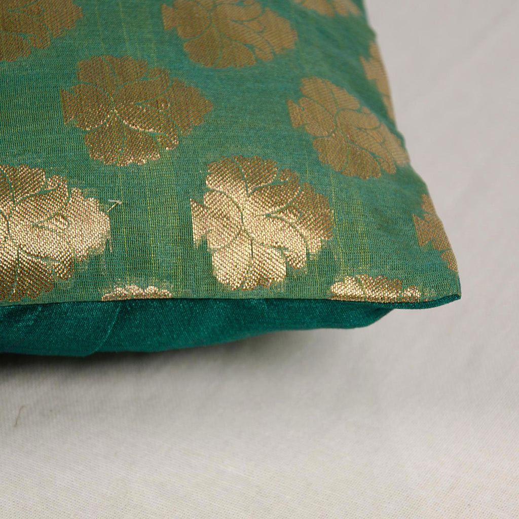 Green and Gold Floral Chanderi Silk Pillow Cover