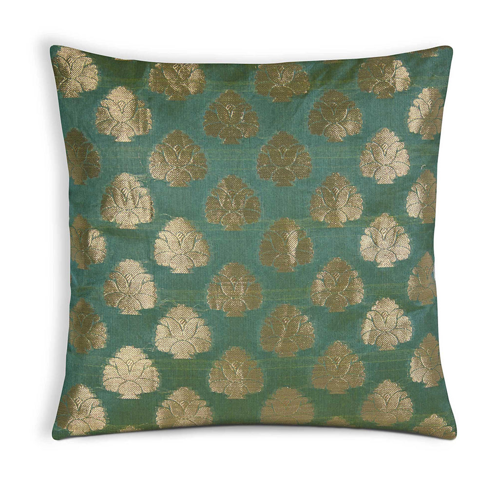 Green and Gold Floral Chanderi Silk Pillow Cover