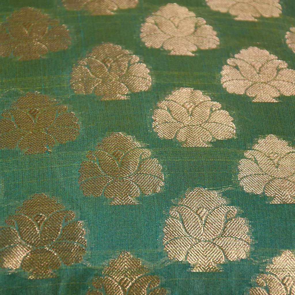 Green and Gold Floral Chanderi Silk Pillow Cover