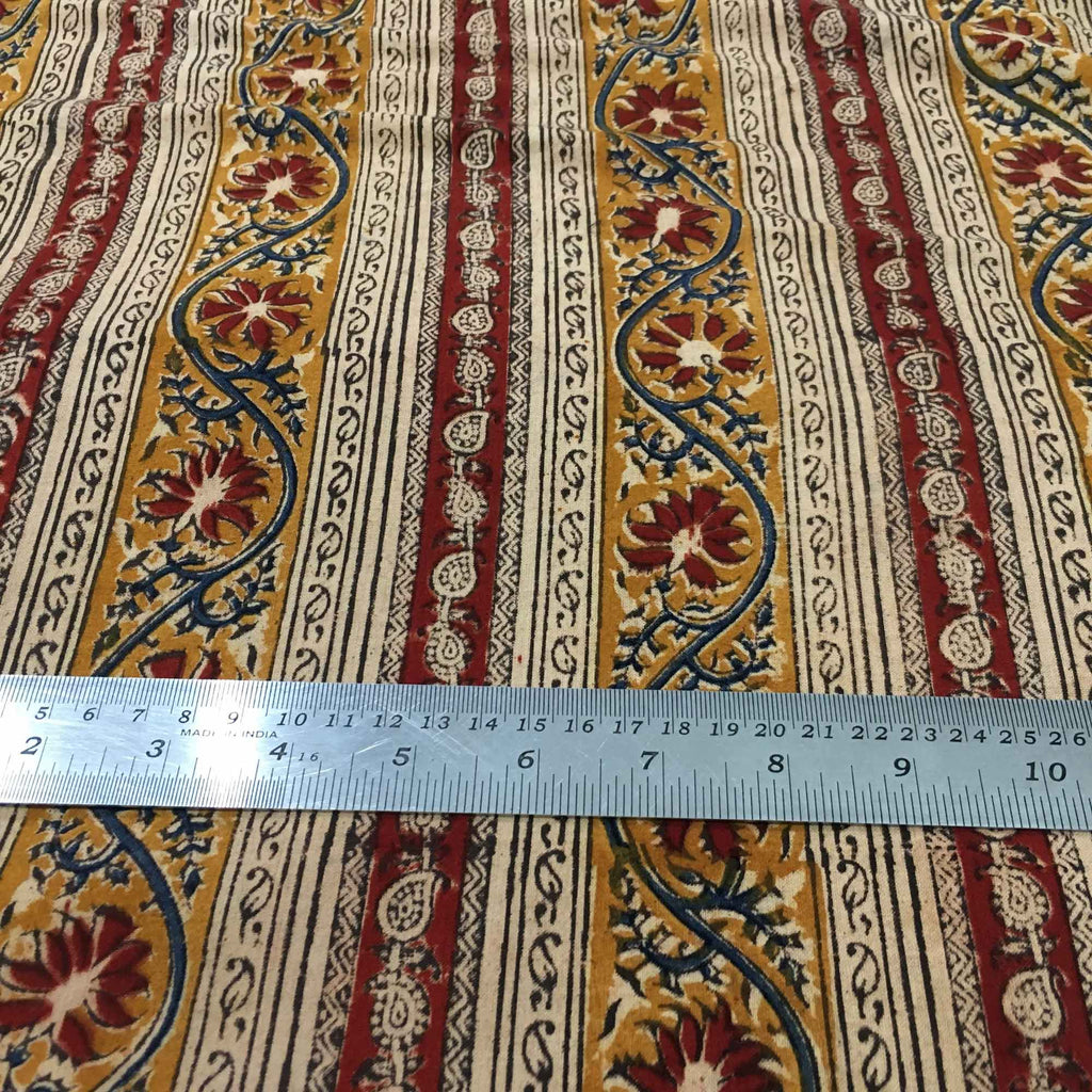 Striped Kalamkari Fabric in Red Blue and Mustard